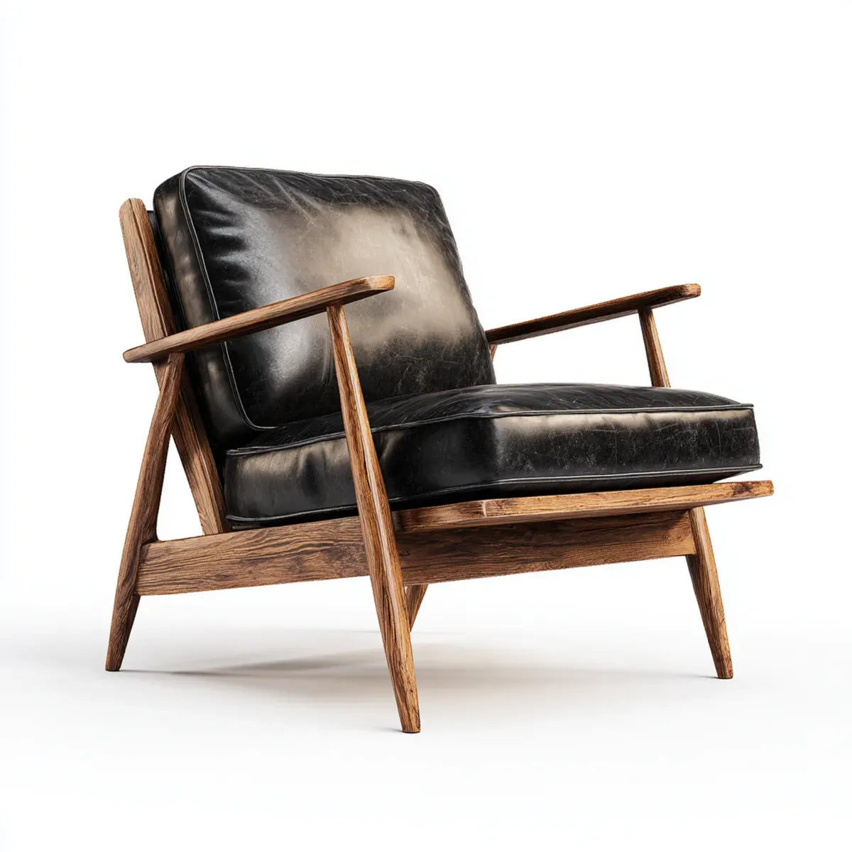 Lounge Sessel Schwarz mit braunem Massivholzgestell PU-Bezug rechteckige Sitzfläche 75 x 80 x 82 cm
